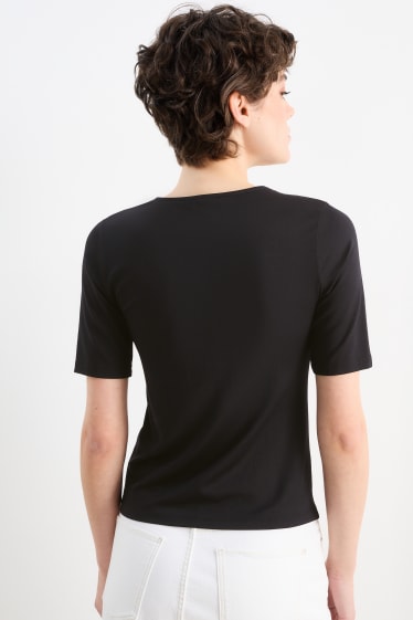 Damen - Basic-T-Shirt mit Knotendetail - schwarz