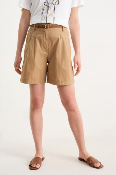 Dames - Korte broek met riem - high waist - bruin