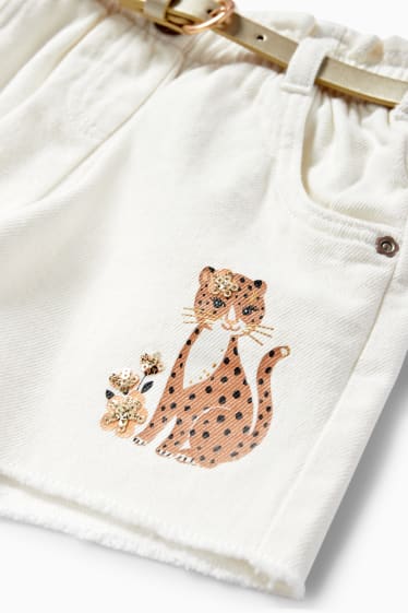 Dzieci - Leopard - szorty dżinsowe z paskiem - kremowobiały