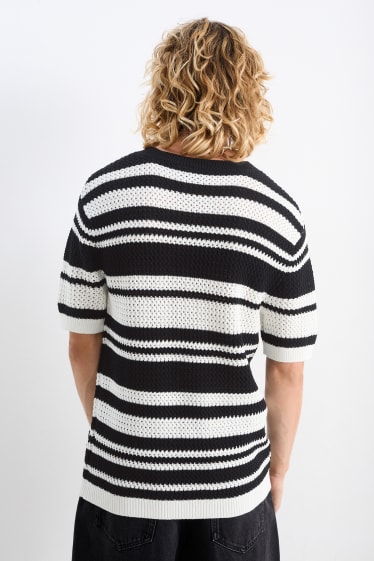 Heren - Gebreide trui - korte mouwen - gestreept - zwart / wit