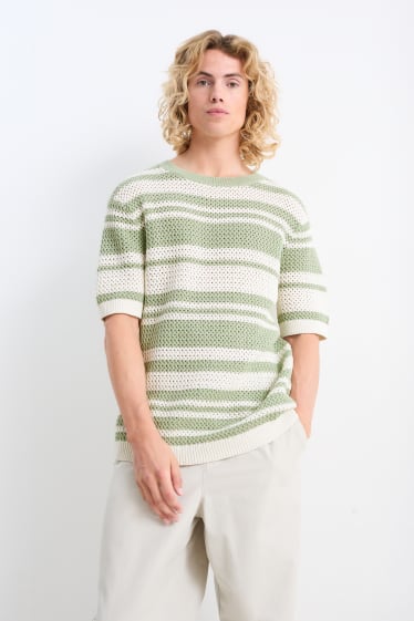 Heren - Gebreide trui - korte mouwen - gestreept - wit / groen