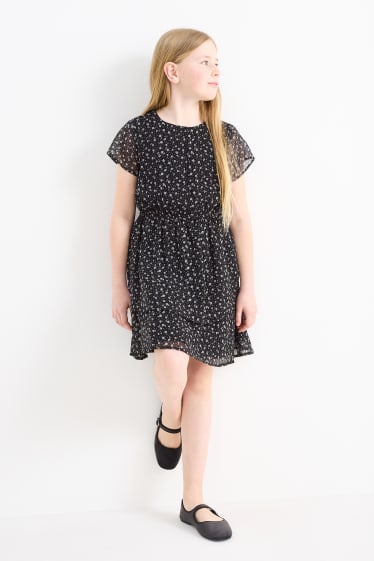 Children - Dress - floral - black / white