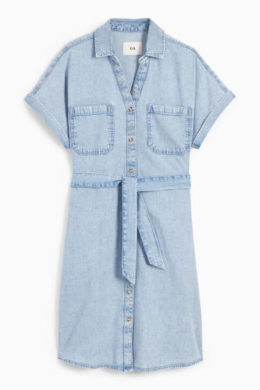 Women - V-neck denim shirt dress - denim-light blue