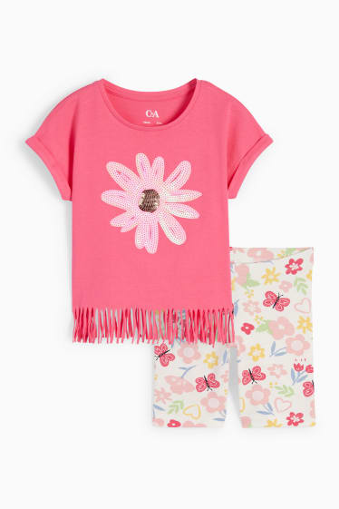 Copii - Flori - set - tricou cu mânecă scurtă și pantaloni de ciclism - 2 piese - roz