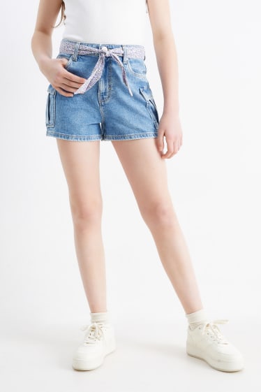 Kinderen - Korte cargo-spijkerbroek - jeanslichtblauw