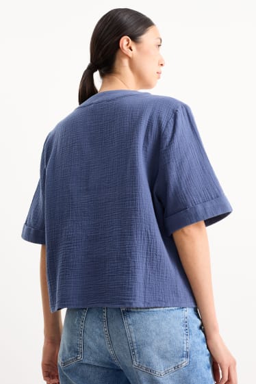Damen - Musselin-Bluse mit V-Ausschnitt - dunkelblau