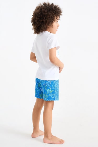 Kinder - Dino - Shorty-Pyjama - 2 teilig - weiß / blau