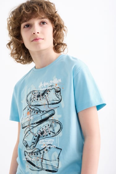 Dětské - Motiv tenisek - tričko s krátkým rukávem - světle modrá