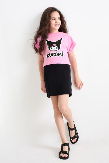 Children Girls - Kuromi - set - short sleeve T-shirt and dress - black / rose