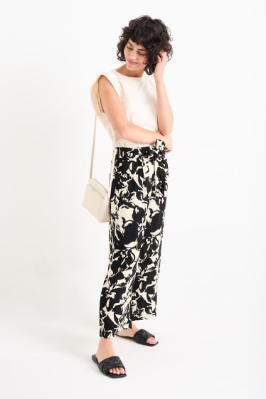 Dona - Pantalons de tela - high waist - wide leg - de flors - beix clar