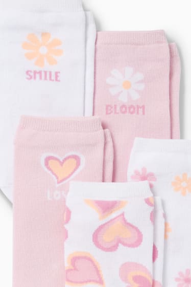 Niños - Pack de 5 - flores y corazones - calcetines tobilleros con motivo - fucsia