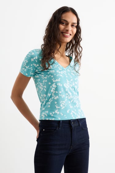 Femmes - T-shirt basique - à fleurs - turquoise