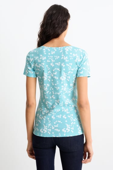 Dames - Basic-T-shirt - gebloemd - turquoise