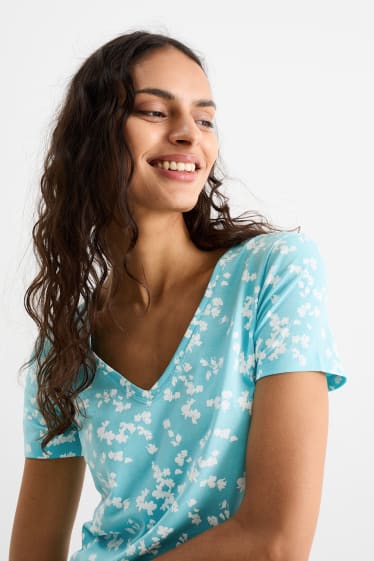 Femmes - T-shirt basique - à fleurs - turquoise