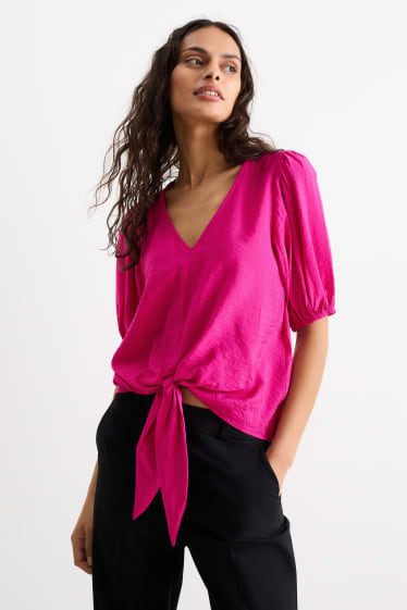 Damen - Bluse mit Knotendetail - dunkelrosa