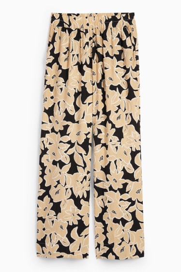 Women - Cloth trousers - high waist - wide leg - floral - black / beige