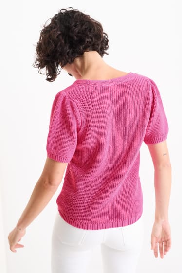 Mujer - Jersey de punto con escote en pico - manga corta - rosa oscuro