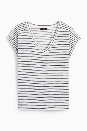 Damen - T-Shirt mit V-Ausschnitt - gestreift - weiß