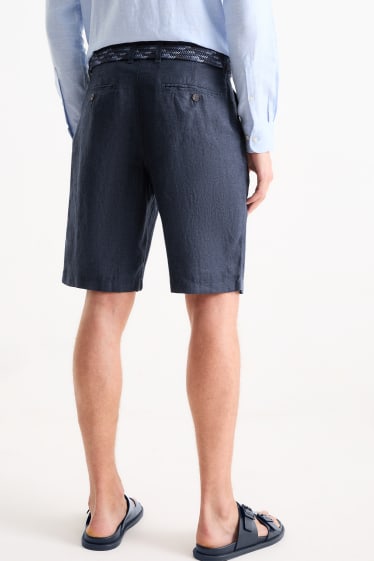Men - Linen shorts with belt - striped - dark blue