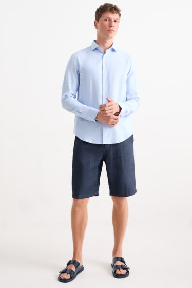 Men - Linen shorts with belt - striped - dark blue