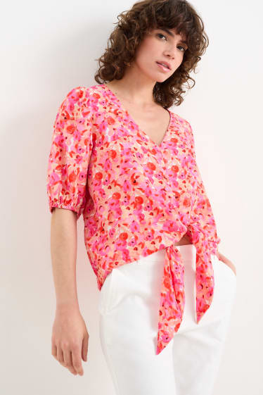 Damen - Bluse mit Knotendetail - geblümt - pink