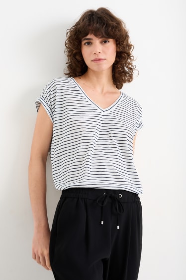 Damen - T-Shirt mit V-Ausschnitt - gestreift - weiss