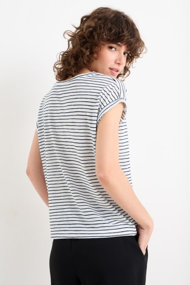 Damen - T-Shirt mit V-Ausschnitt - gestreift - weiss