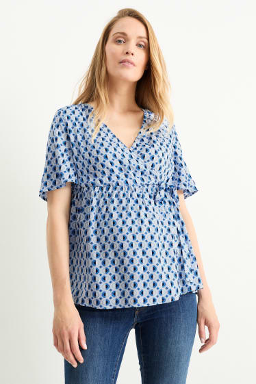 Damen - Still-Bluse - gemustert - blau  / cremefarben