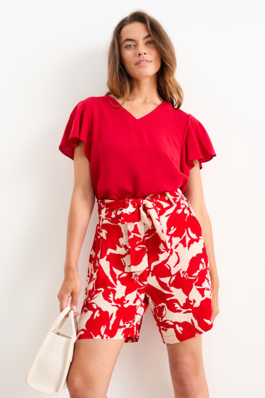 Donna - Shorts - vita alta - a fiori - rosso