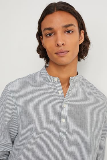 Hommes - Chemise - regular fit - encolure montante - lin mélangé - à rayures - blanc / vert