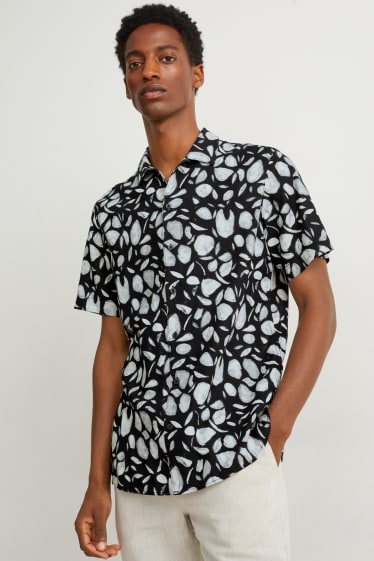 Home - Camisa - regular fit - coll solapa - mescla de lli - negre