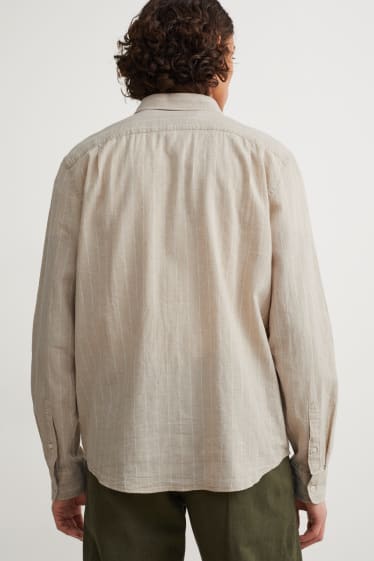 Men - Košile - regular fit - kent - lněná směs - pruhovaná - light beige
