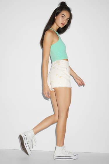 Dames - CLOCKHOUSE - korte spijkerbroek - high waist - gebloemd - licht beige