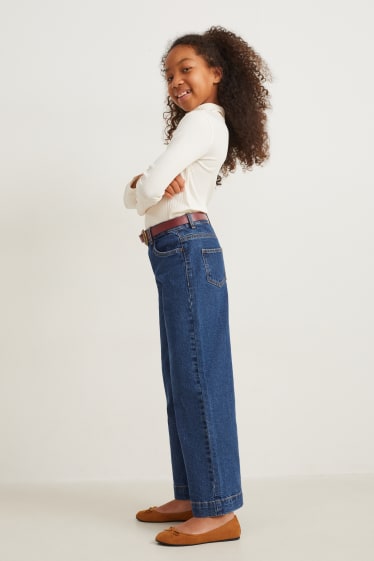 Kinderen: meisjes - Wide leg jeans met riem - jeansblauw
