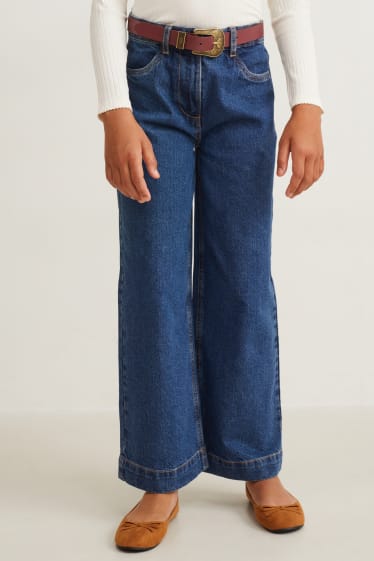 Kinderen: meisjes - Wide leg jeans met riem - jeansblauw