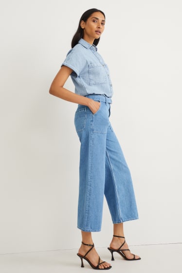 Damen - Wide Leg Jeans mit Gürtel - High Waist - helljeansblau