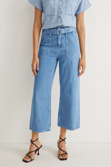 Damen - Wide Leg Jeans mit Gürtel - High Waist - helljeansblau
