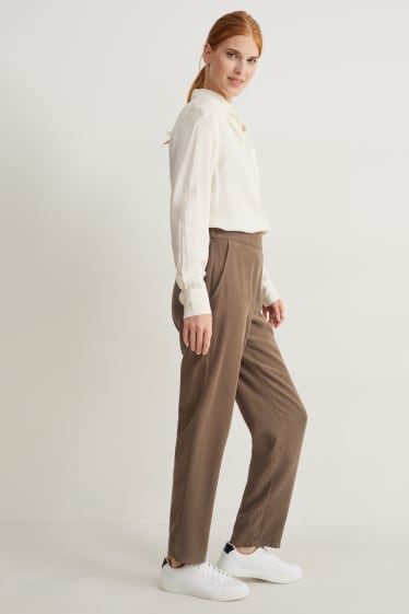 Dámské - Plátěné kalhoty - high waist - tapered fit - hnědá