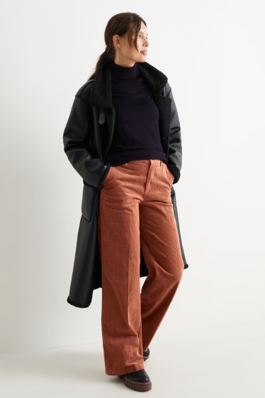 Donna - Pantaloni di velluto a coste - vita alta - gamba larga - marrone
