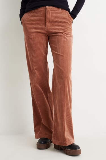 Donna - Pantaloni di velluto a coste - vita alta - gamba larga - marrone
