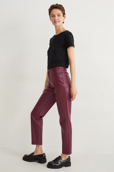 Donna - Pantaloni - vita alta - straight fit - similpelle - bordeaux