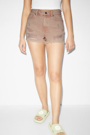 Dames - CLOCKHOUSE - korte spijkerbroek - high waist - lichtbruin
