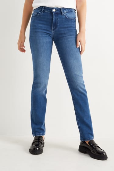 Femei - Straight jeans cu ștrasuri - talie medie - denim-albastru