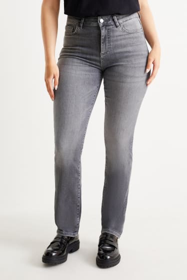 Women - Straight jeans with rhinestones - mid-rise waist - denim-gray