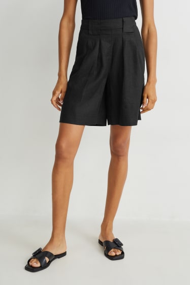 Donna - Shorts in lino - vita alta - nero