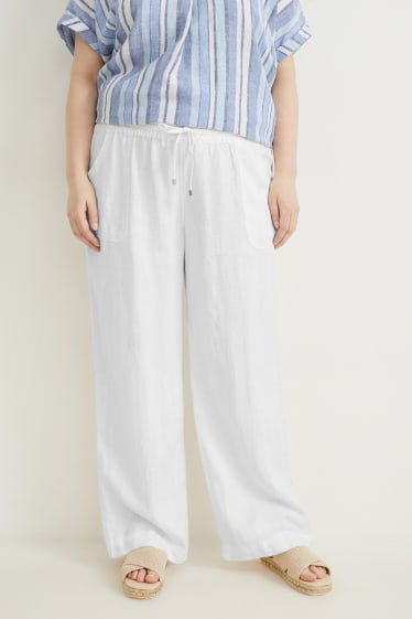 Damen - Leinenhose - Mid Waist - Wide Leg - weiß
