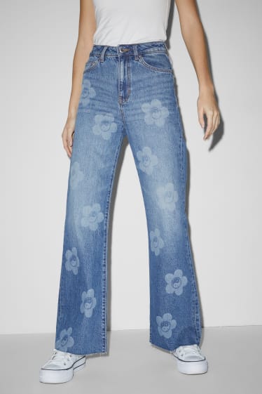 Damen - CLOCKHOUSE - Wide Leg Jeans - High Waist - geblümt - jeansblau
