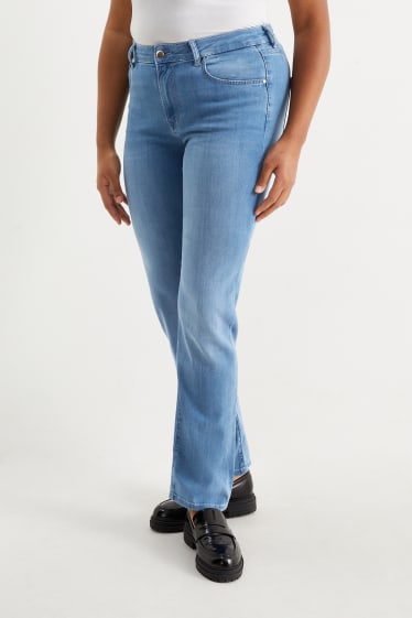 Women - Straight jeans with rhinestones - mid-rise waist - denim-light blue