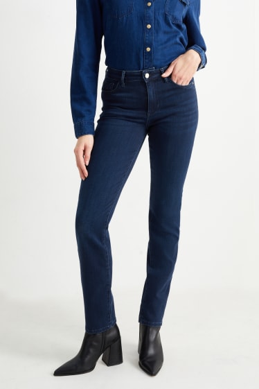 Dámské - Straight jeans se štrasovými kamínky - mid waist - LYCRA® - džíny - tmavomodré