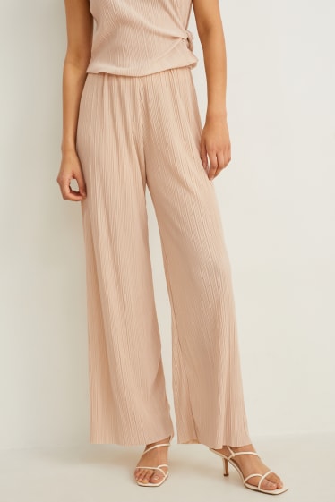 Donna - Pantaloni plissettati - vita alta - palazzo - beige chiaro